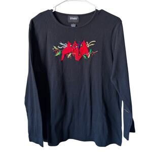 Designers Originals Studio Joy Christmas Holly Cardinal Embroidered Holiday Top